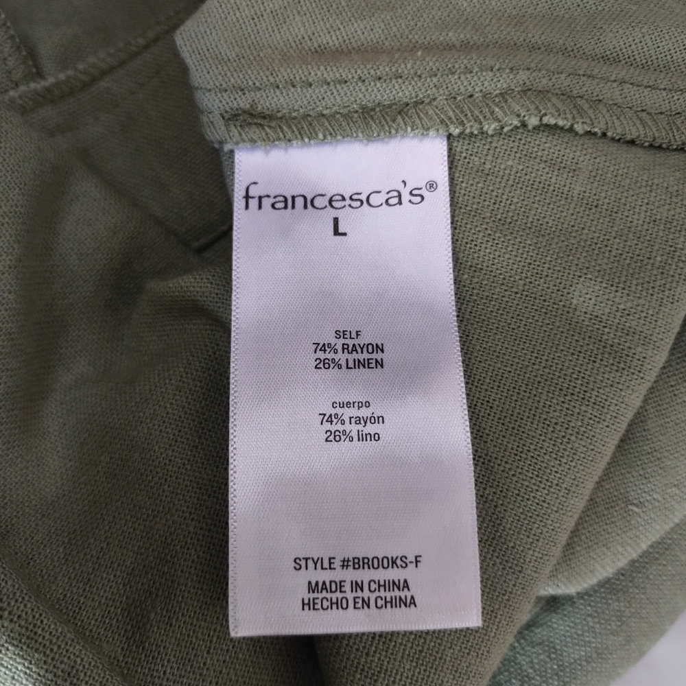 Francesca's Jumpsuit Romper Womens Green Sleeveless Collar V-Neck Linen Sz L NWT - Picture 9 of 9